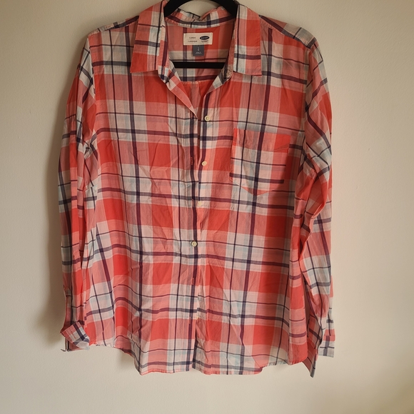 Old Navy Tops - Old Navy Coral Pink and White Plaid Shirt